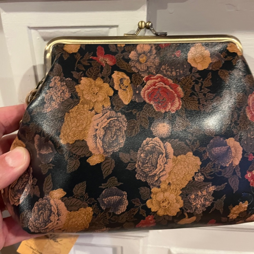 Patricia Nash Denim Fields Olive Floral Leather Clutch with Wrist Strap